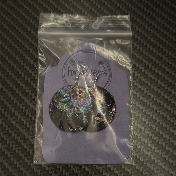 Round Leather Iridescent Color with Black Background Earrings - Picture 5 of 5